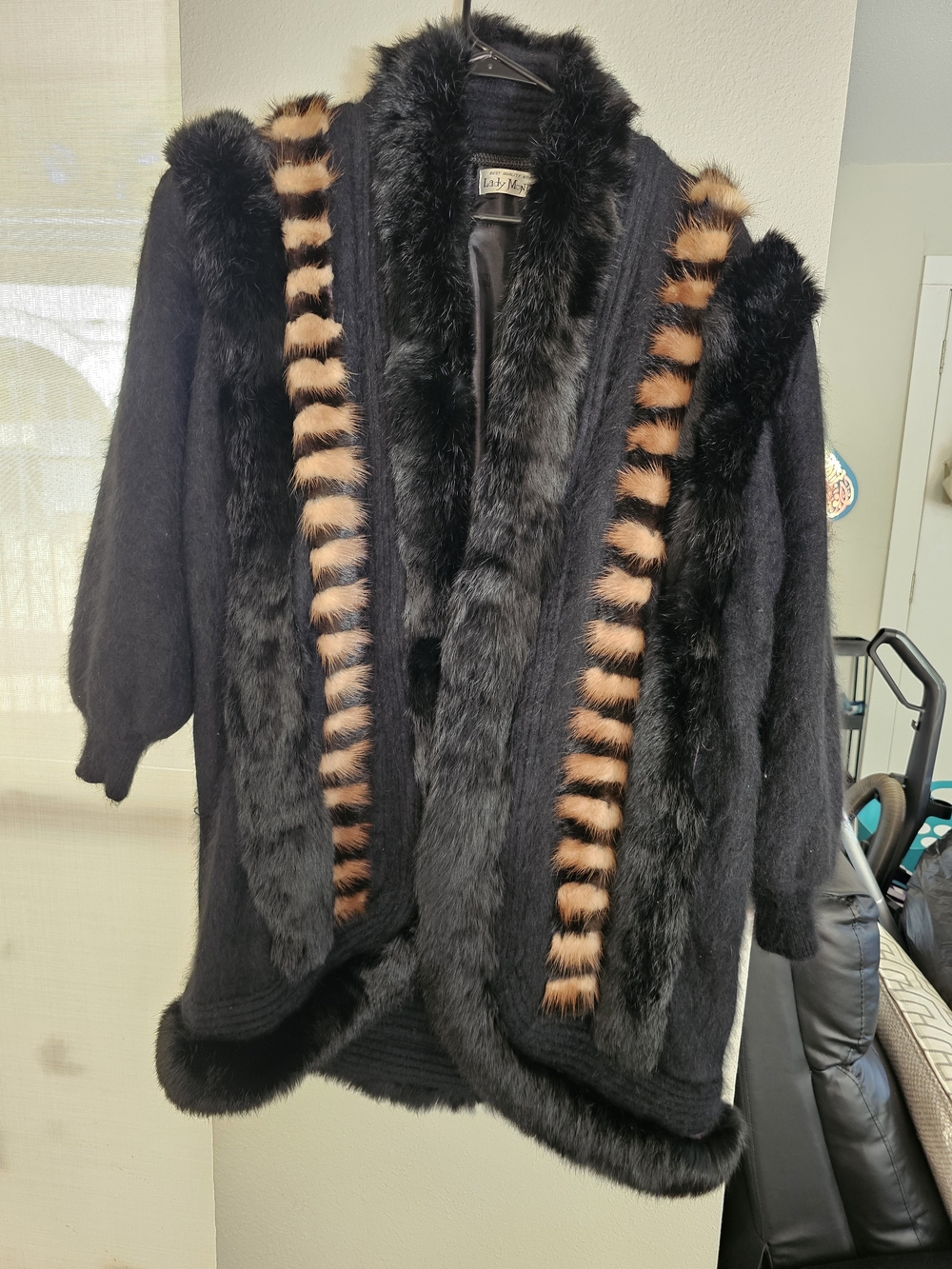 Black Rabbit Fur-Trim Open Front Women's Sweater Cardigan